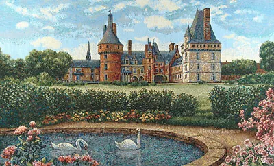 34  WALL JACQ. WOVEN TAPESTRY French Castle & Swan Pond MEDIEVAL DECOR PICTURE • $44.99