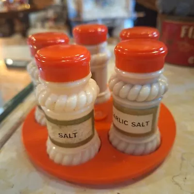 Vintage Milk Glass Spice Jars Shakers With Orange Spice Caddy Holder • $15