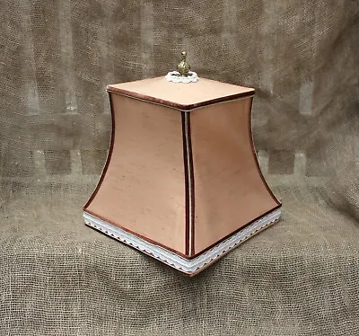 Vintage Peach Pink Square Pagoda Lampshade With Lace Trim And Brass Finial Retro • £65