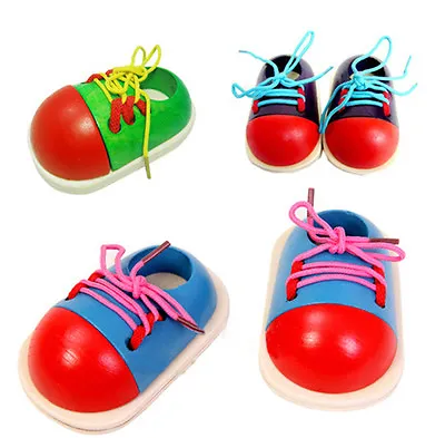 CHILDRENS WOODEN THREADING SHOE LEARN TO TIE LACES EDUCATIONAL TOY GAME;CEU Fn • £4.70