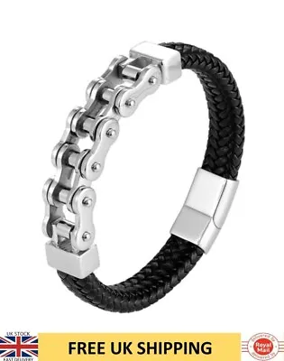 Dystopian Mens Black Leather Bike Chain Braided Rope Bracelet Silver  • £2.45