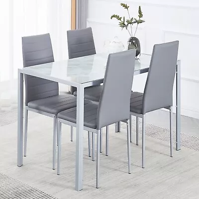 Gray Marble Tempered Glass Dining Table & 4x Gray Faux Leather Dining Chairs Set • $246.99