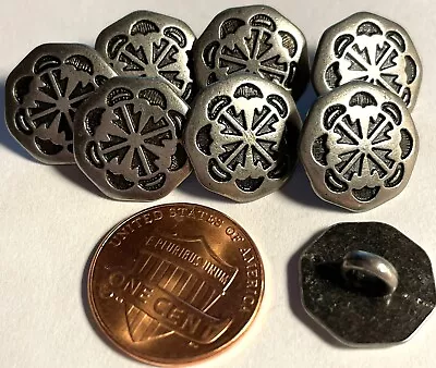 8 Antique Silver Tone Metal Black Accent Octagon Shank Buttons 9/16  14mm 12811 • $6.49