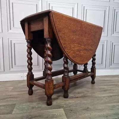 Antique Solid Oak Barley Twist Drop Leaf Gate Leg Sofa Dining Table Oval Wooden • £259.99