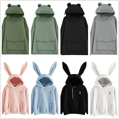 Women's Girls Sweatshirt Cute Frog Rabbit Ears Hooded Casual Loose Pullover Tops • $19.99