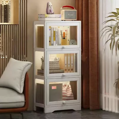 3 Tier Bamboo Bookcase Cupboard With Doors Storage Shelving Display Cabinet Unit • £41.95