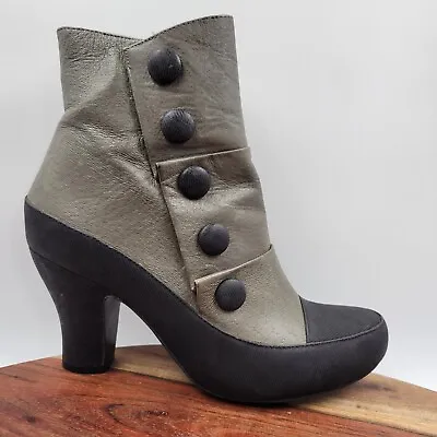 Miz Mooz Adrien Ankle Boots Women's 7 Gray Black Leather Victorian Granny Button • $79.97