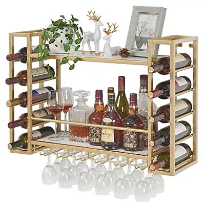 Wall Mounted Wine Rack With Glass Holder Metal Bottle Holder Wine Storage Gold • $133.28