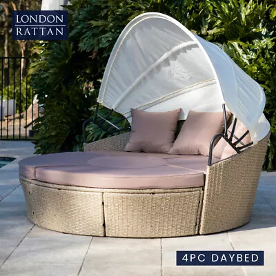 LONDON RATTAN 4pc Outdoor Day Bed Light Wicker And Off White Canopy • $693