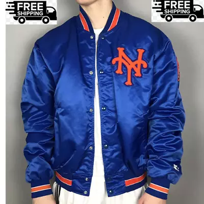 MLB Men’s  Mets New York NY Varsity Blue Vintage Bomber Satin Men Jacket • $104.99