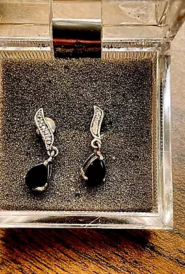 Black Onyx Signed Avon 925 Sterling Silver Drop Dangle Earrings Dainty Vintage • $18