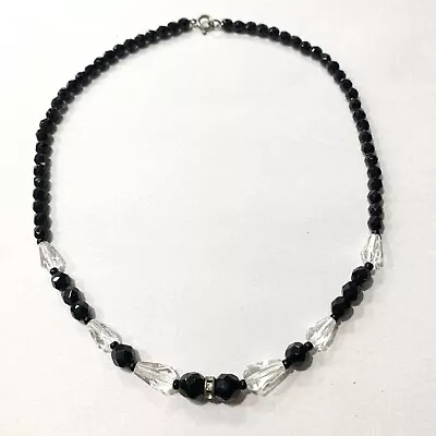 1920s 20s Antique Faceted Jet Glass Bead Necklace Black Clear Choker 16” • $55