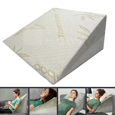 Bamboo Large Wedge Pillow Memory Foam Back Support Acid Reflux Raised Bed Foam • £17.99