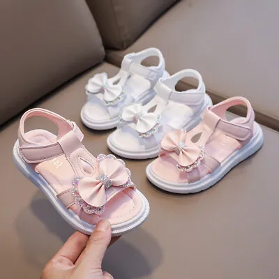 Girls  Summer Toddlers Bowknot Flat Sandals Kids Party Princess Beach Shoes Size • £11.99