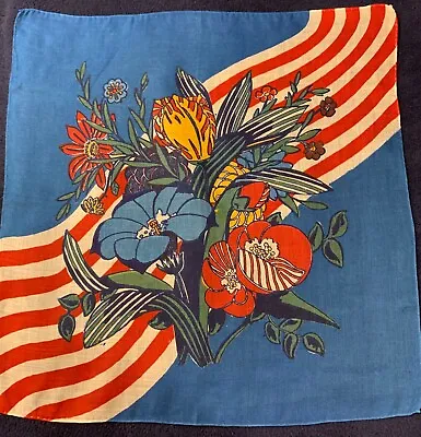 Vintage 13 1/2” Bright Florals On Red White Blue Unsigned Linen Handkerchief  • $6.99