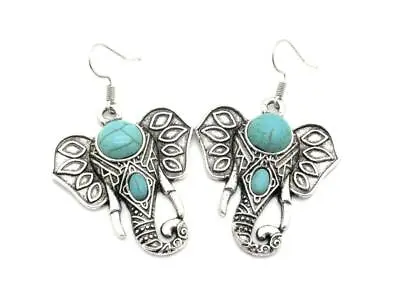 New Bohemian Elephant Dangle Earrings 2  Natural Stone White Black Aqua • $11.67