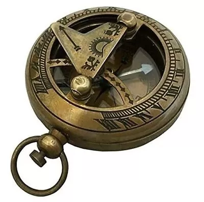 Brass Sundial Compass Vintage Pocket Style Nautical Keychain Pendant Gold • $15