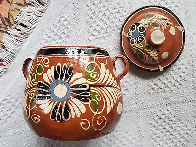 Vintage Tlaquepaque Barro Mexican Red Clay Bean Pot Redware Hand Painted. D-268 • $30