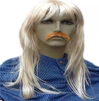  Surfer Dude  Long Blonde Straight Fancy Dress Wig & Self Adh Droop Moustache. • $9.07