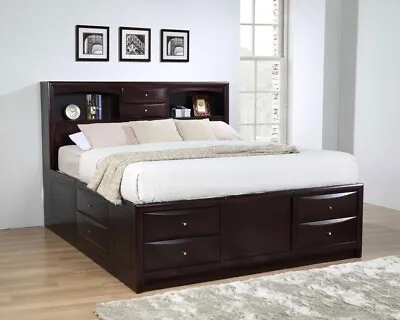 Queen Cappuccino Bookcase Footboard & Side Storage Drawers Bed Bedroom Furniture • $1199