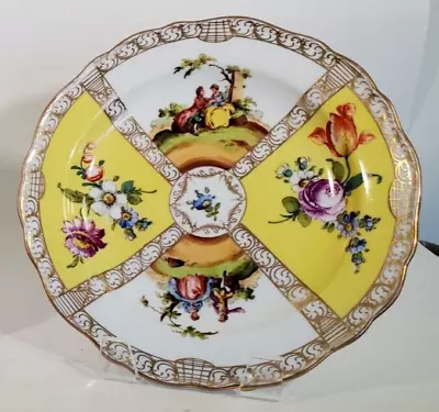 Meissen Dresden Quatrefoil Plate Yellow Gilt Gold Watteau Scenes 8 Inch • $39