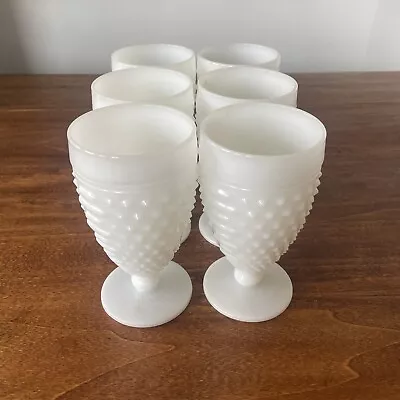 VTG Anchor Hocking White Milk Glass Hobnail Ladder Water Wine Goblet Glasses X 6 • $32.50