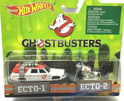 Hot Wheels 2 Cars Set Ghostbusters ECTO-1 & ECTO-2 Motorcycle Blister Card • £25.80
