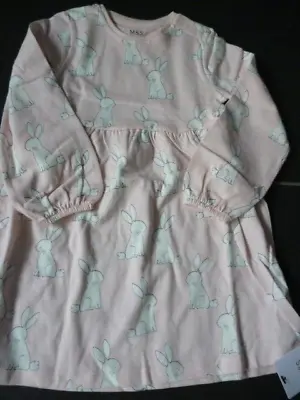 Girls Bunny Print Long Sleeve Dress Age 2-3 Years.MARKS AND SPENCER .BNWT • £8