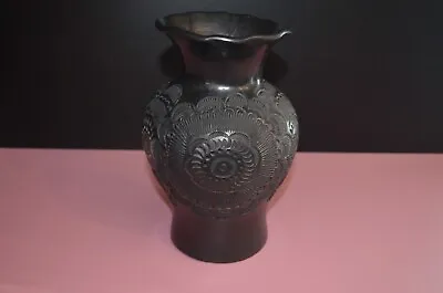 VTG Mexican Oaxaca Black Matte Pottery Reticulated Carved Cut Out 8  Vase • $22.50