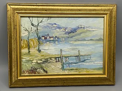 Estate Small Framed Impasto Painting Lakefront Pier Mountains Signed • $49