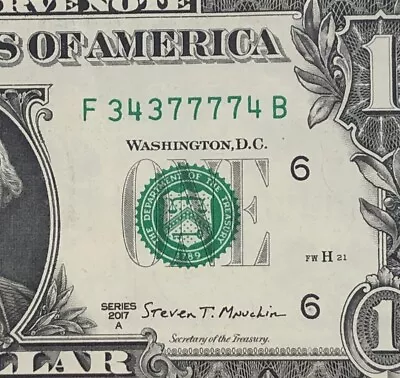 Four In A Row 7s Fancy Serial Number One Dollar Bill F34377774B Trinary 3s 4s 7s • $7.99