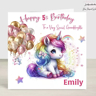 Personalised Stunning Unicorn Rainbow Birthday Card Girls Granddaughter Niece • £2.80