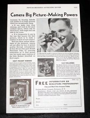 1933 Old Magazine Print Ad Kodak Vollenda Camera Big Picture-making Powers! • $12.99