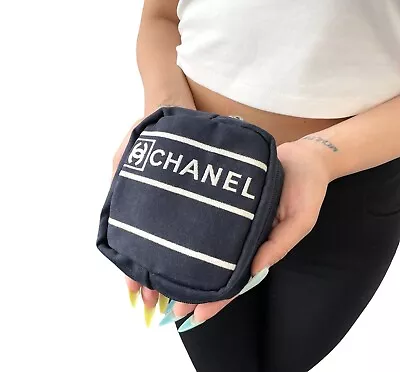 CHANEL Sport Vintage Coco Mark Logo Mini Pouch Dark Blue Canvas Zip RankAB • $414