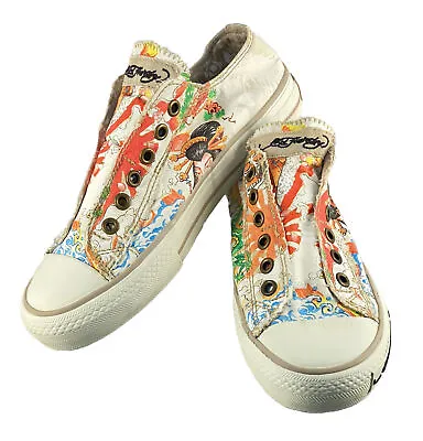 Ed Hardy Slip On Canvas Tennis Shoes Size US 5 EU 36 Geisha Dragons Laceless • £24.10
