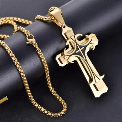 Cross Pendant Necklace Stainless Steel Crucifix Cuban Gold Black Men Unisex New • $4.58