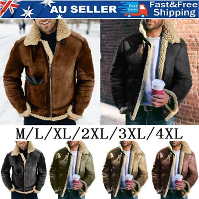 Mens Winter Lapel Coat Fur Lined Fleece Jacket Warm Coat Casual Outwear Tops • $40.84