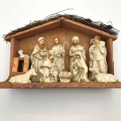 White Glazed Ceramic 10 Piece Christmas Nativity Scene In Wooden Stable • £21.50