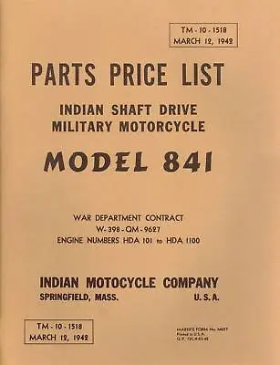 1942 Indian Motorcycle- Shaft Drive Military Parts List - Antique Reproduction • $44.29
