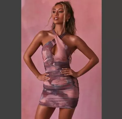 Oh Polly NEW Size 10 Out Of This World Blush Ruched Mesh Mini Dress Crossover • $29