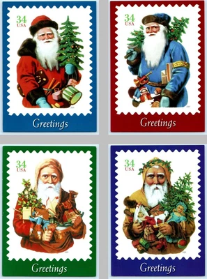 $9.98 • Buy 4 Postcards CHRISTMAS SANTAS From 2001 Vintage Postage Stamp Art  5 X7 