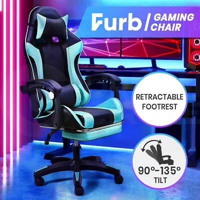 Furb Gaming Chair Racing Recliner Leather Office Chair Footrest Lumbar Cyan • $119.95