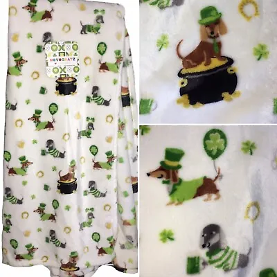 St Patricks Day Dachshund Dog Soft MicroFleece Throw Blanket Pot Of Gold Green • $47.49
