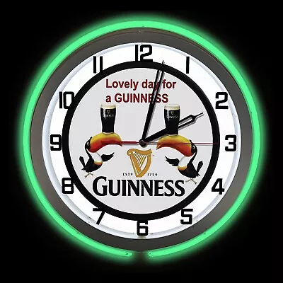 19  GUINNESS Beer Sign Green Double Neon Clock Black Case • $169.99