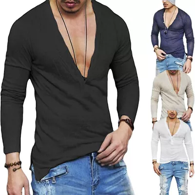 Men's Fashion Sexy Slim Fit Shirts Deep V-Neck Long Sleeve Casual T-Shirt Tee • $15.97