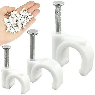 CABLE TIDY CLIPS 100 Pack Assorted Round White Plastic WALL TACKS 6mm 8mm 10mm • £3.98