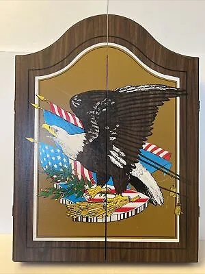 Vintage Wooden Dart Board Cabinet American Eagle & USA Flag Arrows Made In USA • $115