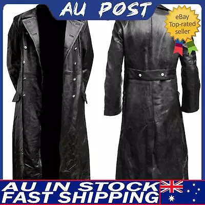 Vintage German WW2 Style Leather Trench Coat Military Jacket XS-3XL Black Gray W • $79.19