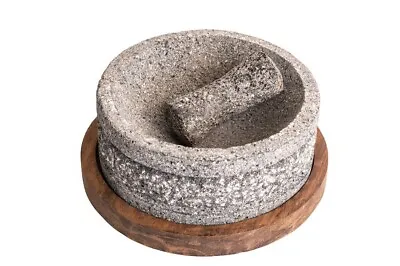 Yolia Mexican Molcajete 8 Inch Mortar & Pestle Volcanic Stone Wood Parota Base  • $120