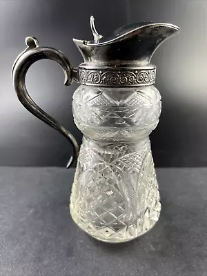 Antique Victorian Continental Cut Glass Syrup Pitcher W/ Silverplated Hinged Lid • $39.95